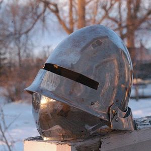 Sallet; modeled after a 1450 Germanic Gothic suit of armor.  I made it with 12 gague stainless steel.